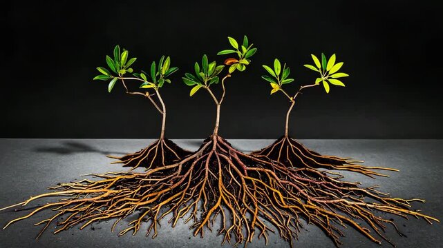Three small green plants share a root system on a dark backdrop