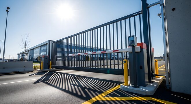 A modern security gate and barrier arm control access to a large industrial or business facility under a bright sky.