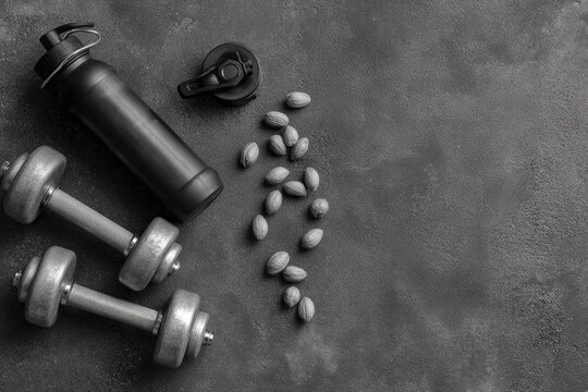 Fitness still life dumbbells, water bottle, seeds on textured grey background