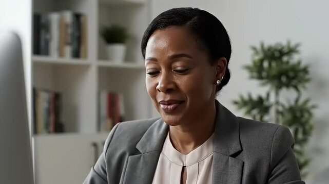 A woman in a gray blazer sits smiling in front of a computer monitor.