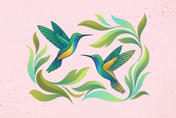 Fototapeta premium Elegant hummingbirds in flight with vibrant gradient colors and botanical foliage