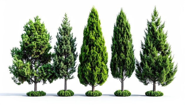 Five green, stylized trees on a white background, each with a small green base