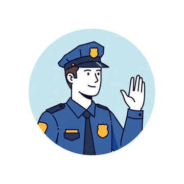 Friendly cartoon police officer waving hello in a blue uniform illustration.