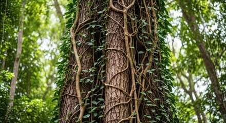 Fototapeta premium Vines Climbing Rough Tree Trunks in Dense Forest with Green Canopy.