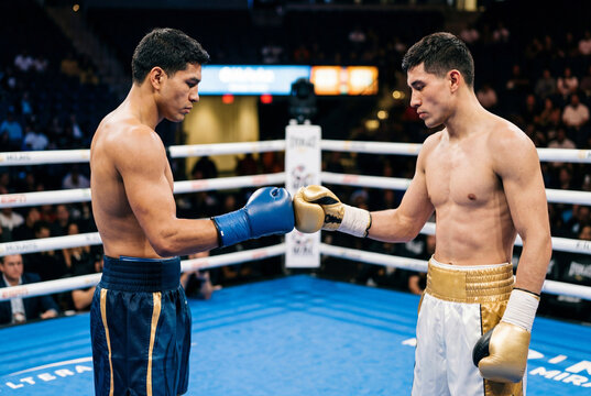 Two boxers in blue and gold gloves touch fists in a boxing ring showing respect
