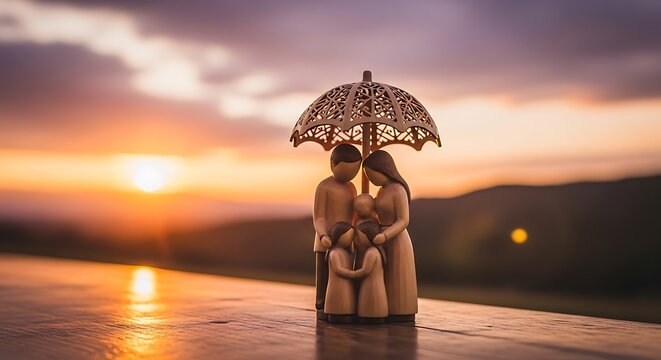 Muted Family Figurine Under Ornate Umbrella at Sunset