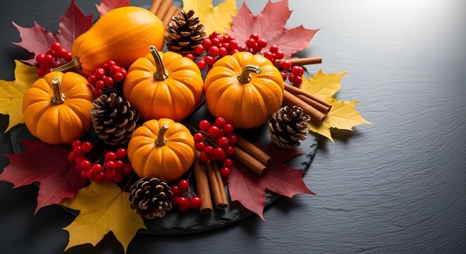 Decoraci&oacute;n de fondo oto&ntilde;al de hojas secas y calabaza sobre fondo de madera oscura.
 Vista plana, superior para oto&ntilde;o, oto&ntilde;o, concepto de Acci&oacute;n de Gracias.