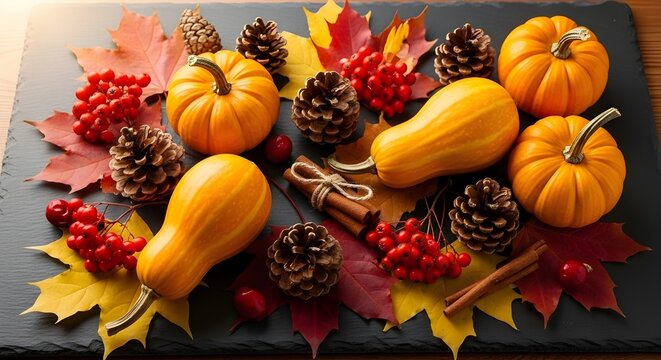 Decoraci&oacute;n de fondo oto&ntilde;al de hojas secas y calabaza sobre fondo de madera oscura.
 Vista plana, superior para oto&ntilde;o, oto&ntilde;o, concepto de Acci&oacute;n de Gracias.