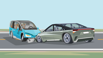 Fototapeta premium Separate layer of blue hadback car and green sedan car. Collision on the asphalt road resulted in severe damage to the front of the vehicles. For use in obtaining accident insurance or incidents.