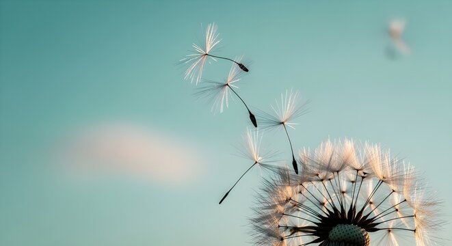 semillas de diente de le&oacute;n voladoras sobre un fondo azul