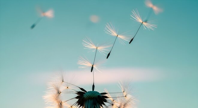 semillas de diente de le&oacute;n voladoras sobre un fondo azul