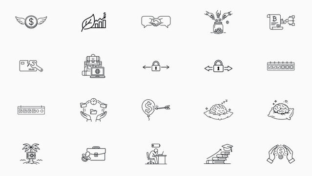 20 Hand-Traced Minimalist Black Line Vector Icon Set: Business, Finance, and Lifestyle Collection Featuring Remote Work, Mental Health, Crowdfunding, Escrow, Inflation, and Career Growth.