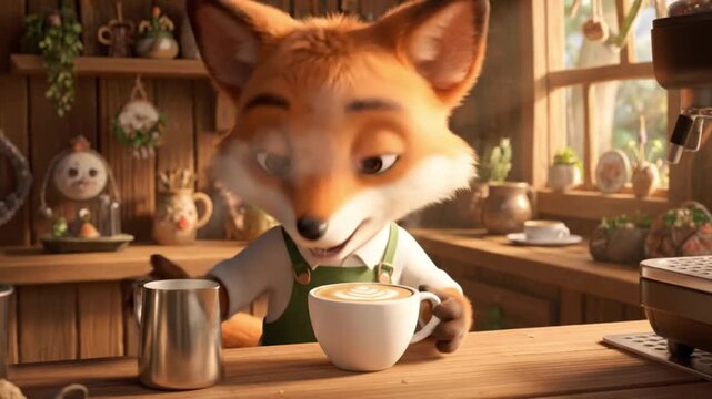 Cartoon fox drinking coffee.