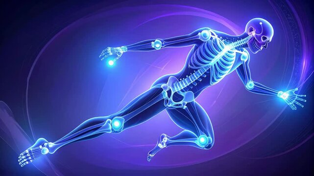 Rendered human skeleton in action, lit up, set against a dark purple background