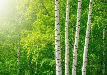 Fototapeta premium Vibrant spring green leaves backdrop in a bright birch tree forest. White trunks stand out against the fresh seasonal foliage and sunlight, backdrop, renewal, green