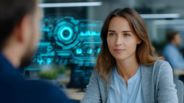 A cheerful businesswoman engages in a successful job interview, radiating confidence and optimism in a high tech workspace. The digital interface highlights innovation and career growth