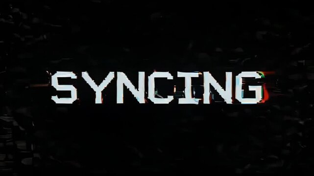 Glitchy SYNCING text in a digital, futuristic style against a dark textured background.