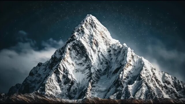 Majestic snow-capped mountain peak illuminated by a starry night sky evoking feelings of awe adventure and the raw beauty of nature s grandeur perfect for travel or outdoor themes