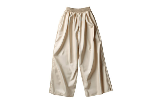 Beige wide-leg culotte trousers with elastic waist, flowy silky fabric, presenting comfortable casual fashion apparel