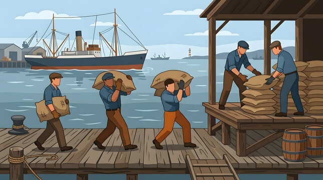 Men Unloading Cargo from Ships on Dock.