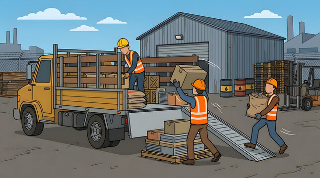 Warehouse Workers Unloading Goods from Truck.
