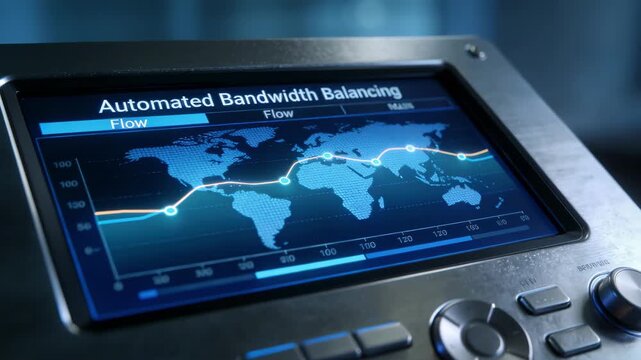 Focused view of a sleek control panel showing automated bandwidth balancing metrics with highlighted regional flows and blurred surroundings.