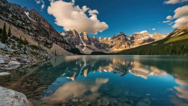 Snowy mountain lake reflection alpine peak turquoise water pine forest clear sky reflection scene