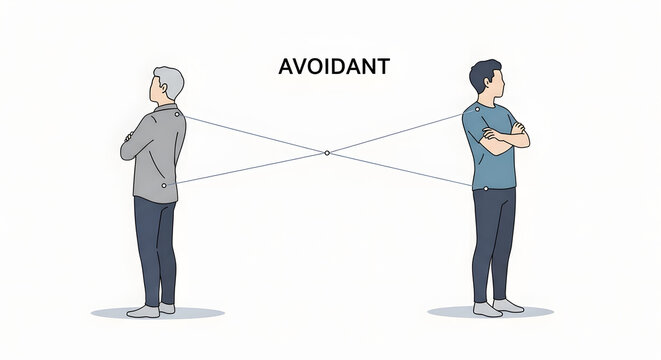 Illustration of two men standing apart with avoidant body language - Generative AI.
