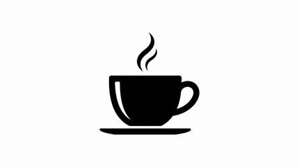 Obraz premium A simple black silhouette icon of a steaming hot coffee cup on a saucer, representing a warm beverage.
