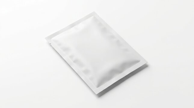 A single, clean, white sachet or packet is presented flat lay on a stark white background, conveying a sense of purity and simplicity.