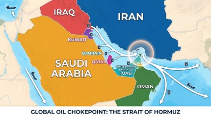 Strait of Hormuz Map Animation Showing Iran, UAE, Saudi Arabia, and Middle Eastern Countries with Oil Shipping Routes and Tanker Lanes