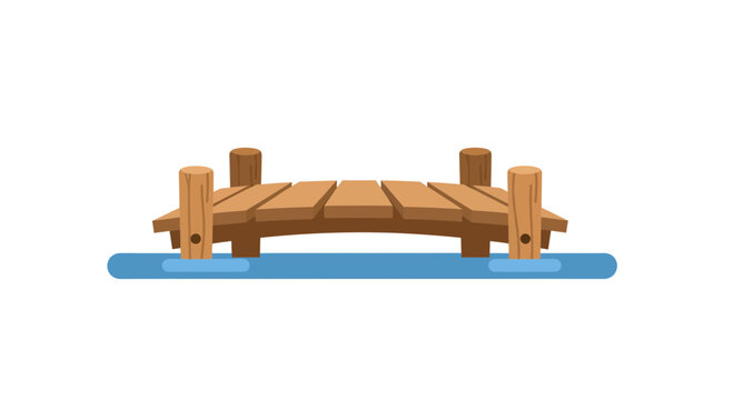 Simple cartoon wooden bridge illustration over still blue water reflection landscape