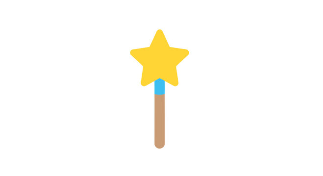 Simple cartoon illustration of a magic wand, with yellow star and wooden stick on a white background