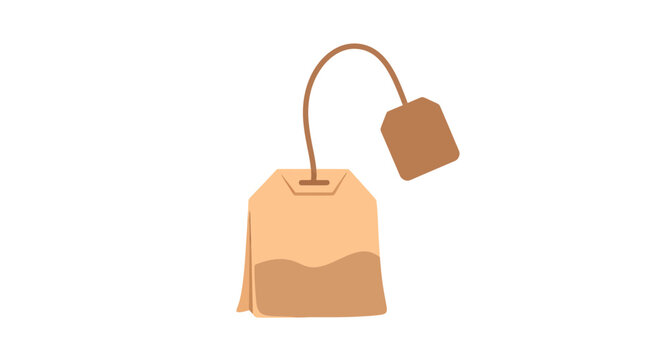 Simple flat illustration of a tea bag with a string and label on a white backdrop