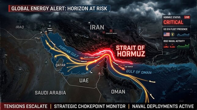 Strait of Hormuz Map Animation Showing Iran, UAE, Saudi Arabia, and Middle Eastern Countries with Oil Shipping Routes and Tanker Lanes