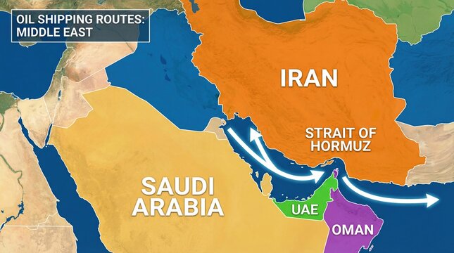 Strait of Hormuz Map Animation Showing Iran, UAE, Saudi Arabia, and Middle Eastern Countries with Oil Shipping Routes and Tanker Lanes