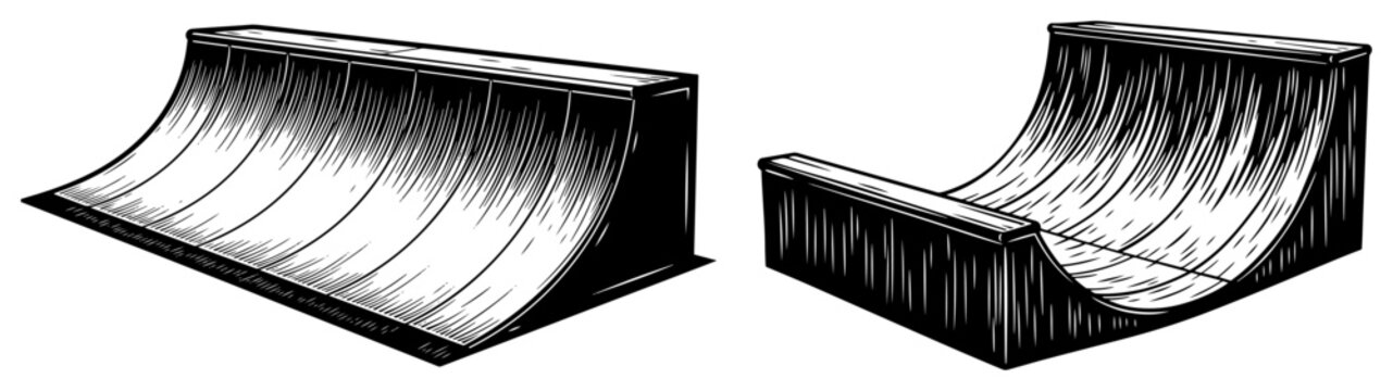 Skatepark Ramps Illustration Set Quarter Pipe and Half Pipe Skateboard Ramps Vector Engraving Style for Extreme Sports