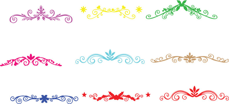 A collection of colorful decorative floral dividers and ornate swirls for graphic design projects isolated on transparent background, Vector