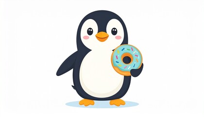 Fototapeta premium Cute cartoon penguin holding a delicious frosted donut with sprinkles, isolated on a white background, representing sweet treats and enjoyment