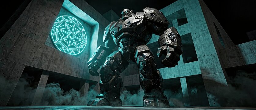 Colossal golem guarding brutalist observatory