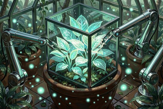 Robotic arms prune glowing plants in terrarium