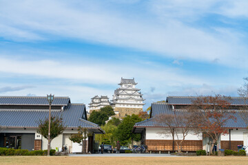 Himeji castle seen from Karoyashiki-ato Park (Historic Site Park) on suny day in Himeji, Japan