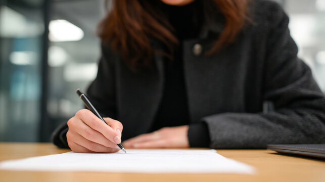 Woman in Black Coat Signing Cremation Authorization Form at Desk in Blurred Office