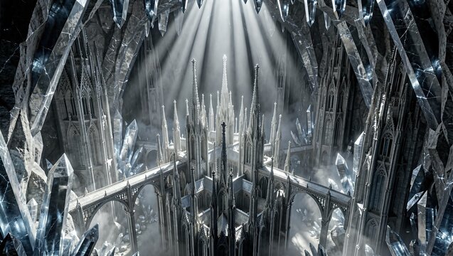 Gothic crystal city resting inside dark cavern