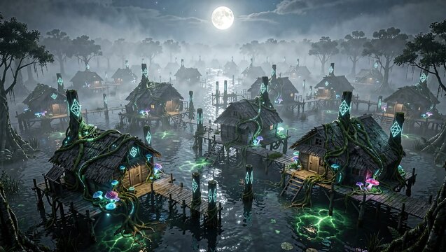 Stilt village illuminates moonlit swamp