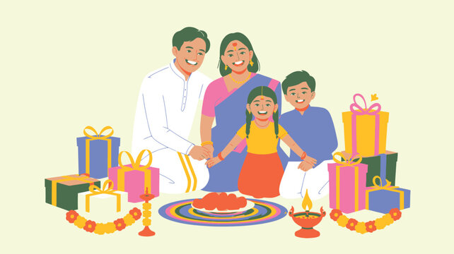Indian family celebrating festival gifts rangoli