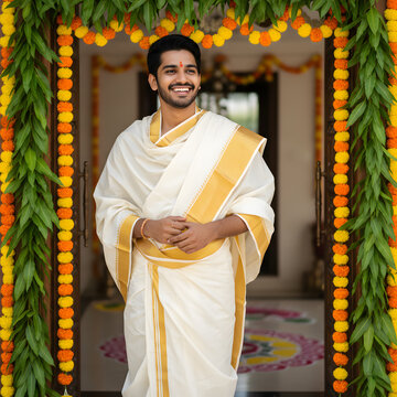Smiling Indian man in traditional dhoti and veshti standing at a decorated temple entrance