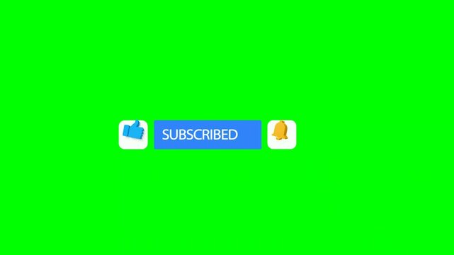 Modern 3D YouTube Call to Action Overlay: Subscribe Button, Like Icon, and Notification Bell with Cursor Clicks on Green Screen