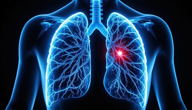 Digital Illustration of Human Lungs with Tumor, Glowing Blue and Red Against Black Backdrop