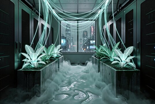 Bioluminescent garden glowing in server room.